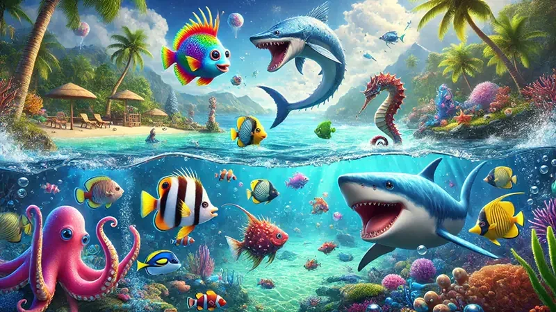 Layar permainan tembak ikan dengan karakter laut berwarna-warni